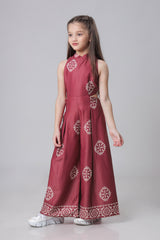 Placement Motif Print Round Neck Side Waist Cut Out Jumpsuit For Girls