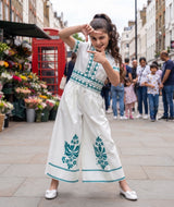 Ethnic Floral Front Buttoned V Neck Wide Leg Jumpsuit For Girls