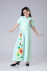 Placement Floral Front Buttoned V Neck Wide Leg Jumpsuit For Girls