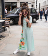 Placement Floral Front Buttoned V Neck Wide Leg Jumpsuit For Girls
