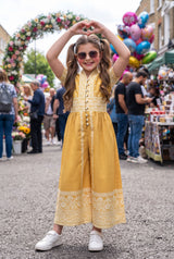Golden Sunshine Floral Wide-Leg V Neck Wide Leg Jumpsuit For Girls