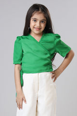 V-Neck Puff Sleeves Tie-Up Detail Wrap Top For Girls