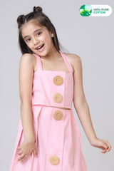 Classic Pink Big Button Cotton Cami Top For Girls