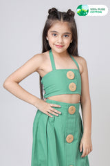 Classic Green Big Button Cotton Cami Top For Girls