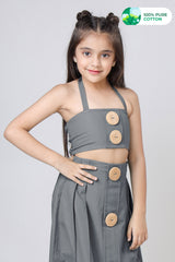 Classic Grey Big Button Cotton Cami Top For Girls