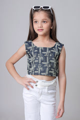 Exclusive Denim Embroidery Work Sleevess Girls Top