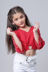 Red Embroidery Thread Work Full Sleeve Top For Girls