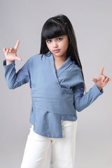 Powder Blue Overlap Full Sleeve Pure Cotton Top For Girls