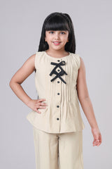 Cream Plain Round Neck Sleeveless Pure Cotton Top For Girls