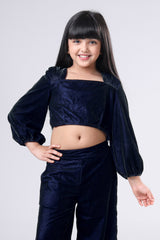 Dark Green Square Neck Velvet Crop Top For Girls