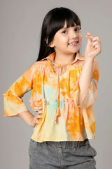 Tie And Dye Neck Knot Blouson Shirt For Girls