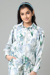 Exclusive Creamy Leafage Pleated Shirt For Girls