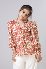 Orange Floral Spread Collar Long Sleeves Casual Shirt For Girls