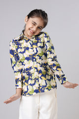 Blue Floral Long Sleeves Casual Shirt For Girls