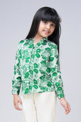 Stylish Green Floral Mandarin Collar  Shirt For Girls