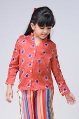 Red Floral Mandarin Collar  Shirt For Girls