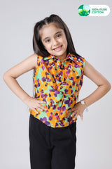Smart Floral Twisted Front Sleeveless Girls Cotton Top