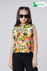 Ikkat Inspired Twisted Front Sleeveless Girls Cotton Top