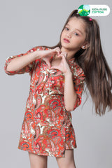 Red Paisley Floral Short Sleeve Cotton Shirt For Girls