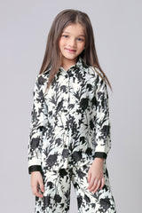 Black Floral Girls Regular Fit Spread-Collar Shirt