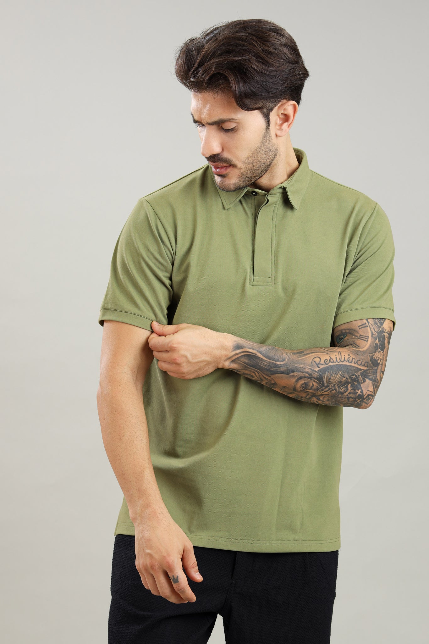 Men's Green Hidden Placket Polo T-Shirt - Main Image