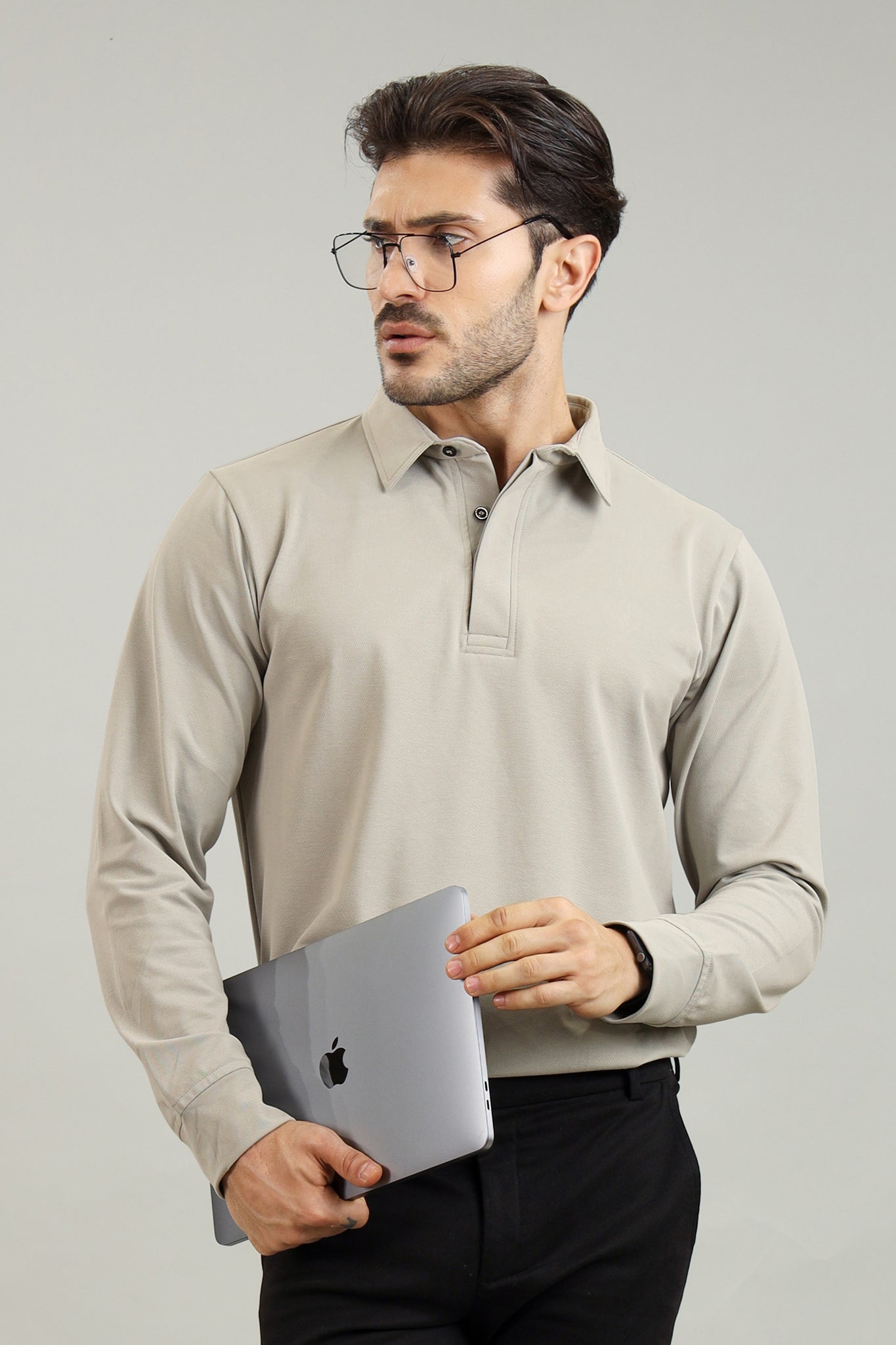 Men's Grey Long Sleeve Polo T-Shirt