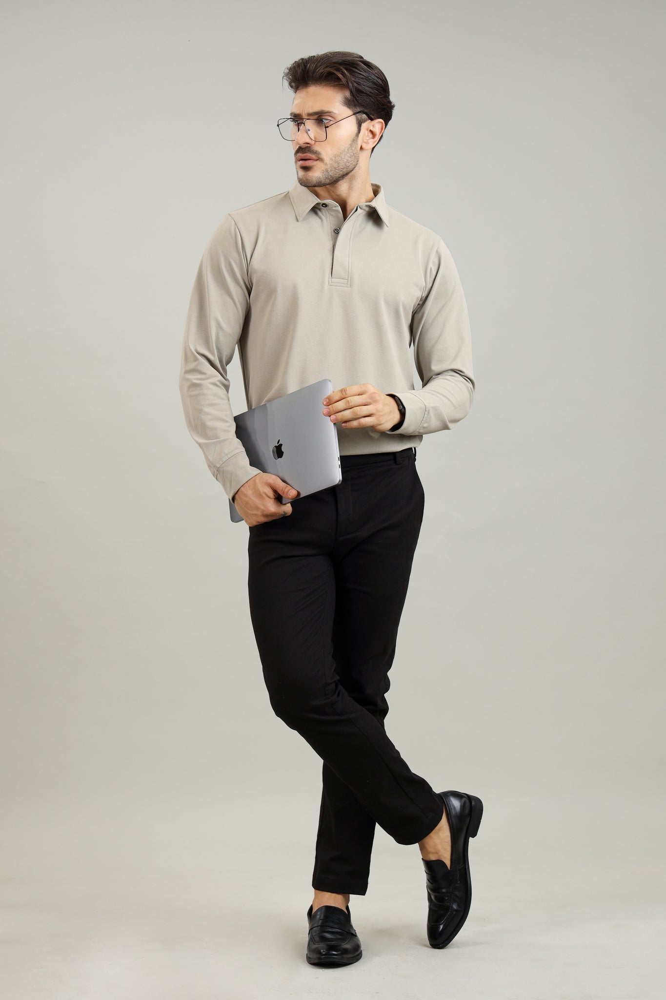 Men's Grey Long Sleeve Polo T-Shirt –