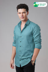 Cerulean Blue Reguler Fit Formal Blend Cotton Linen Shirts For Men