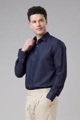 Navy Blue Regular Fit Formal Blend Linen Shirts For Men