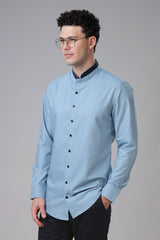 Arctic Blue Mandarin Collar Formal Shirts For Men
