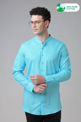 Vivid Blue Mandarin Collar Formal Cotton Shirts For Men