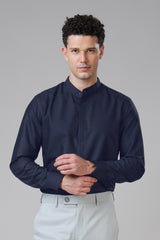 Navy Blue Hidden Placket Formal Shirts For Men