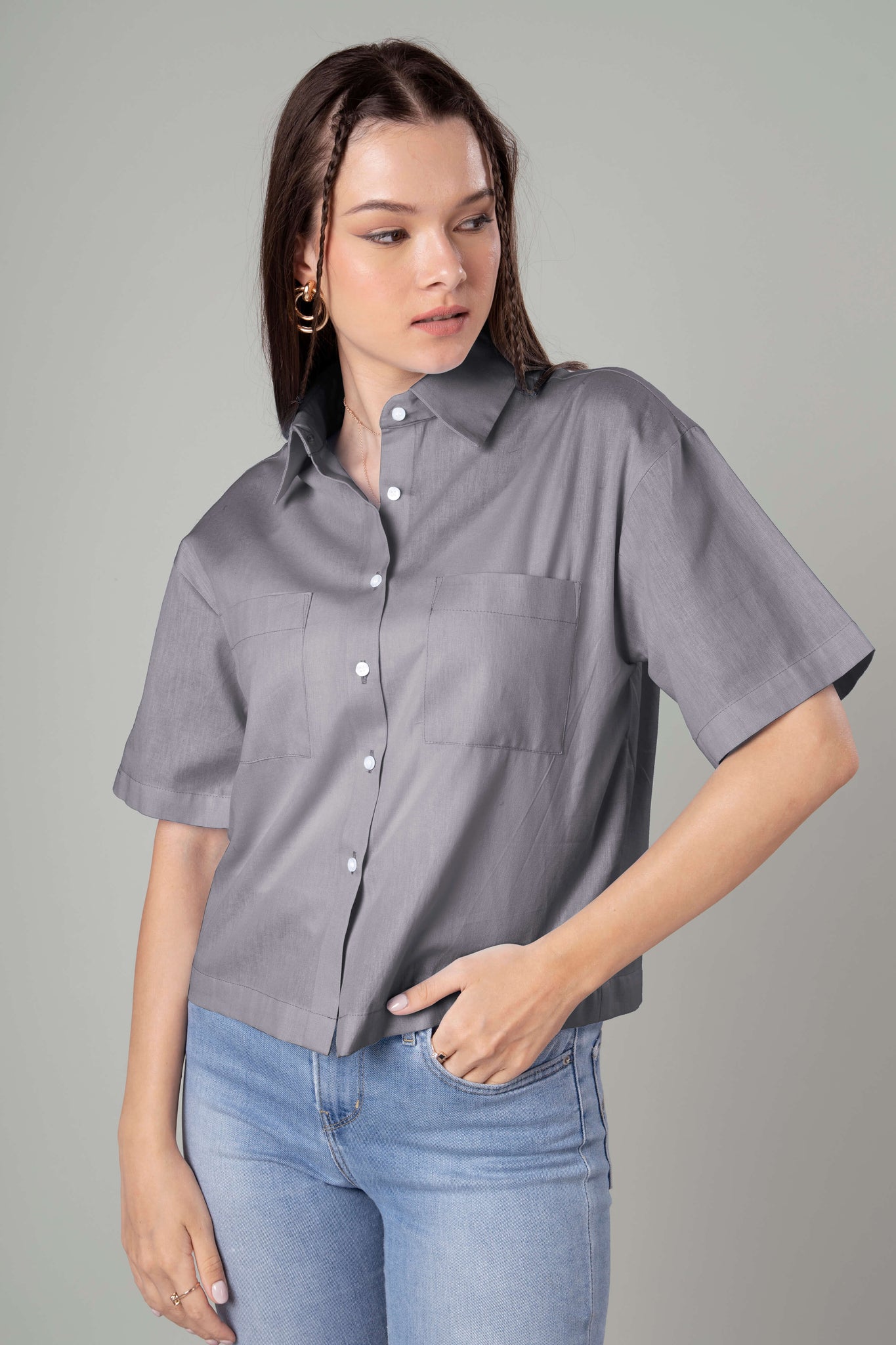 Classic Plain Short Cotton Shirt For Women