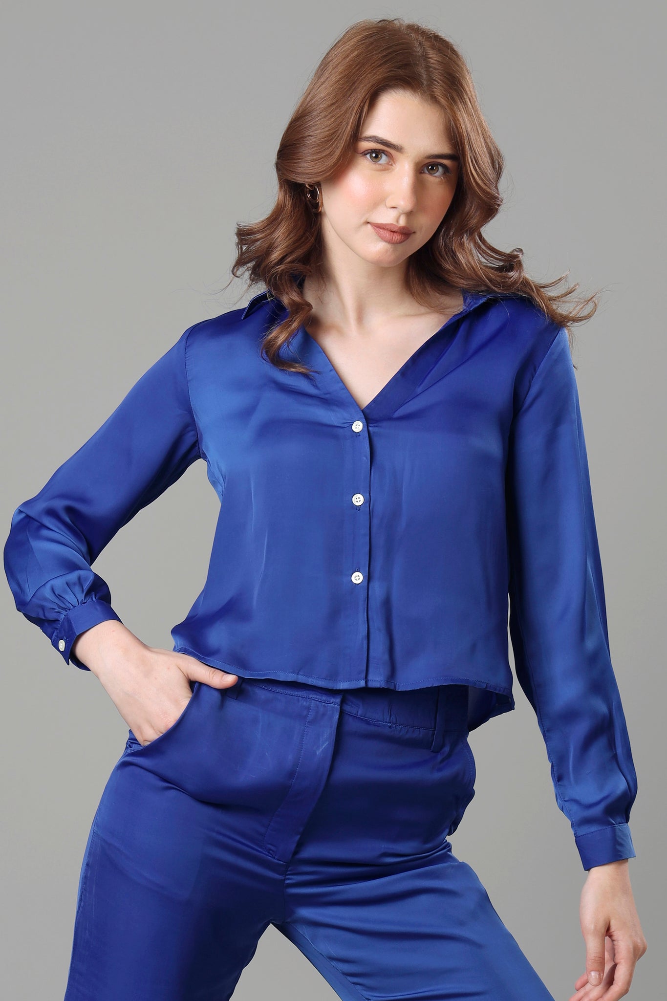 Cool Blue Cropped Shirt For Women