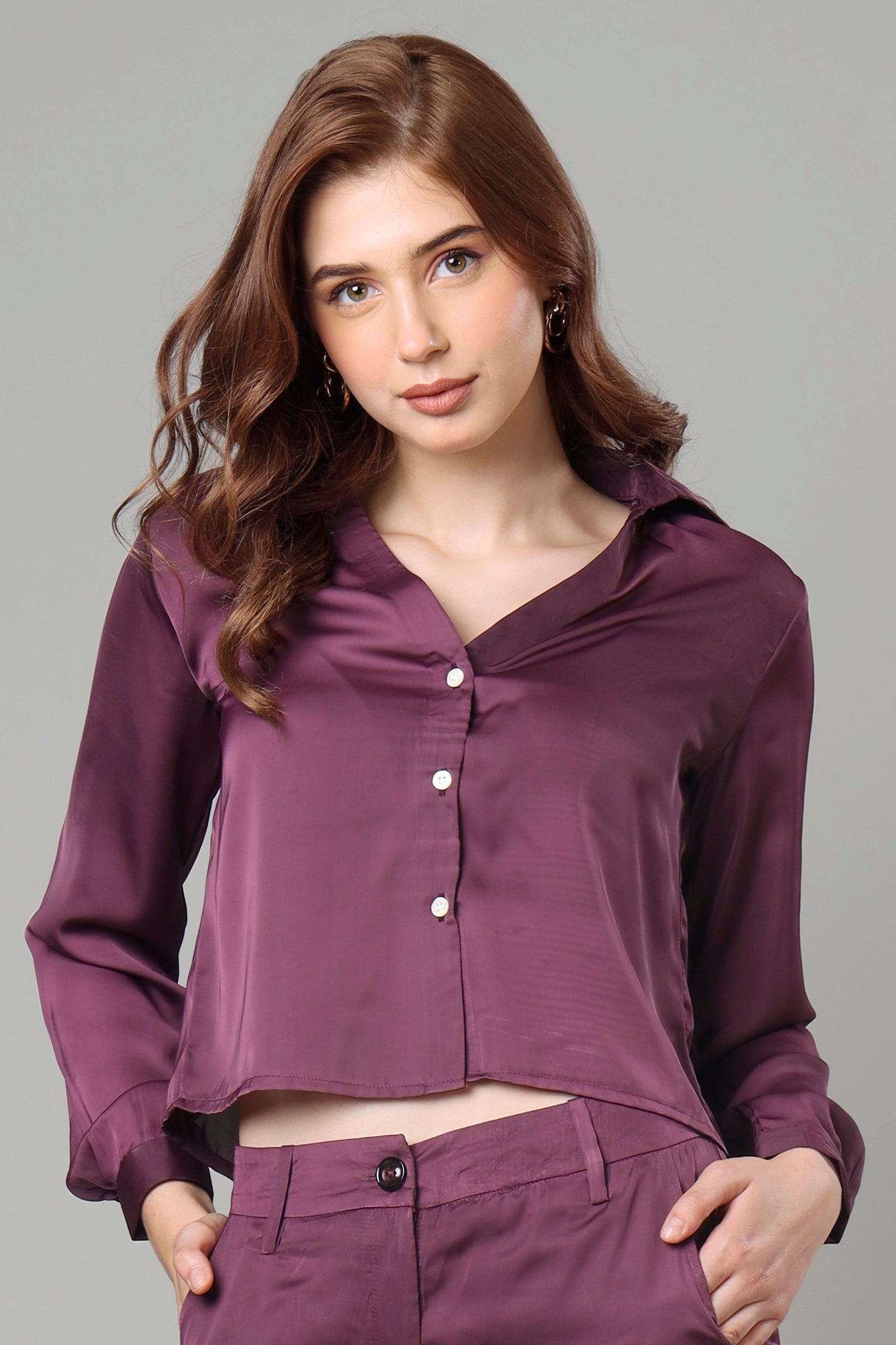 Vintage Wine Cropped Shirt For Women