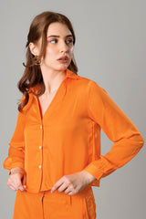 Sunset Orange Cropped Shirt For Women