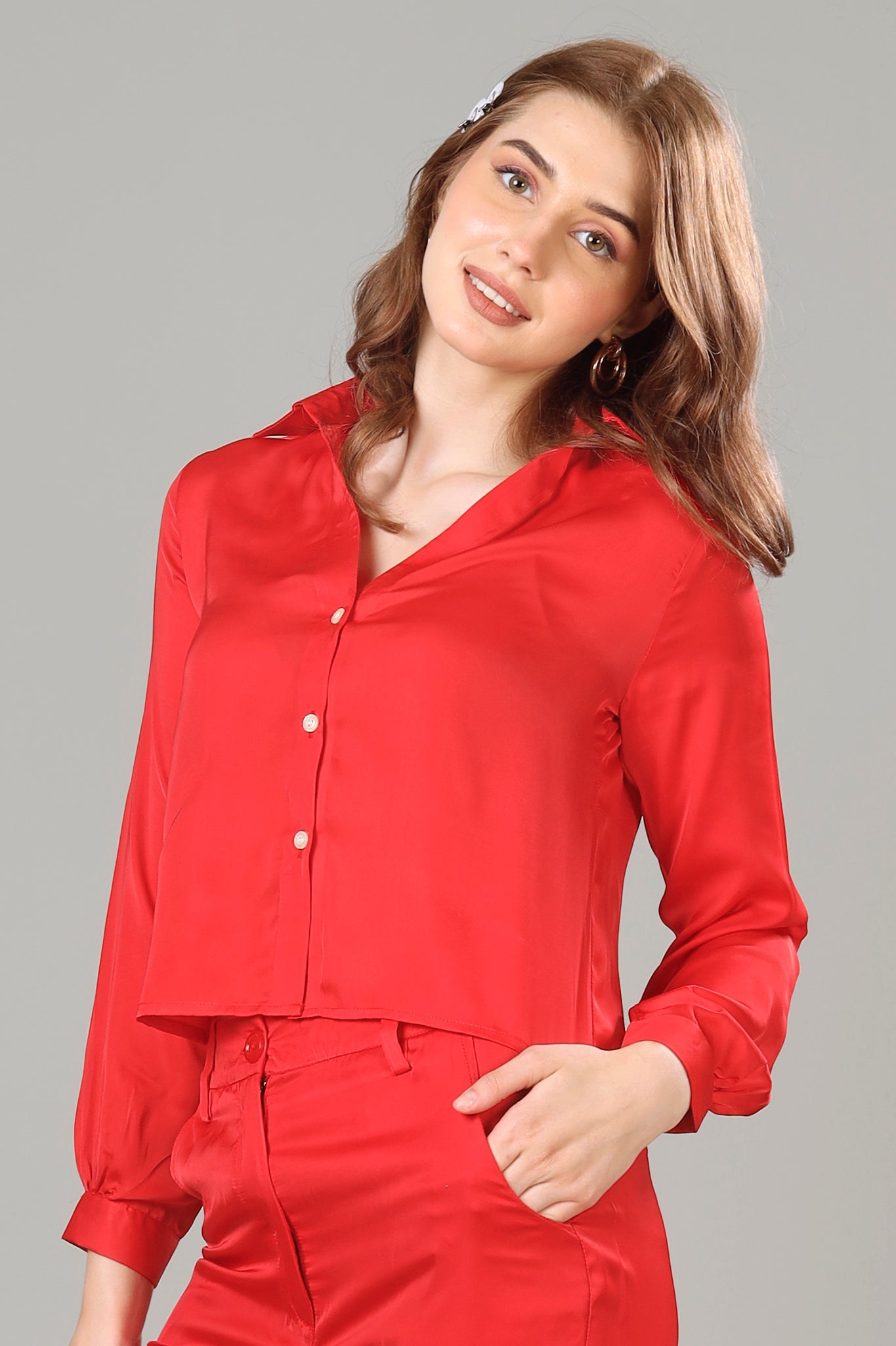 Romantic Red Cropped Shirt For Women