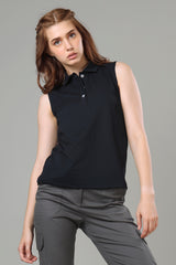 Exclusive Navy Blue Polo Sleeveless T-Shirt For Women