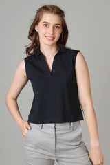 Exclusive Navy Blue Polo Sleeveless T-Shirt For Women