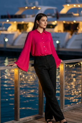 Hot Pink Bell Sleeve Shirt For Women