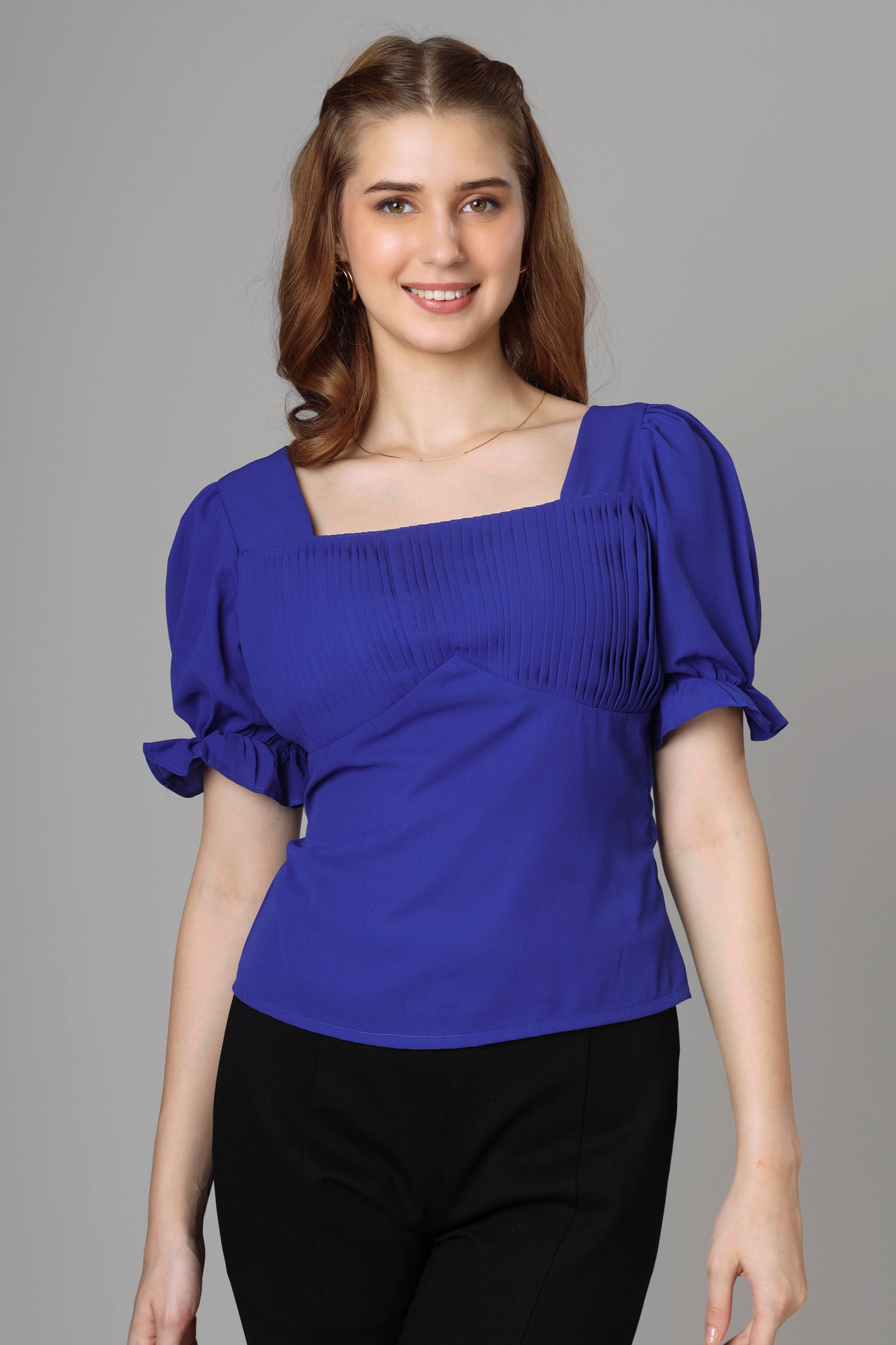 Classic Blue Half Pleated Top For Women