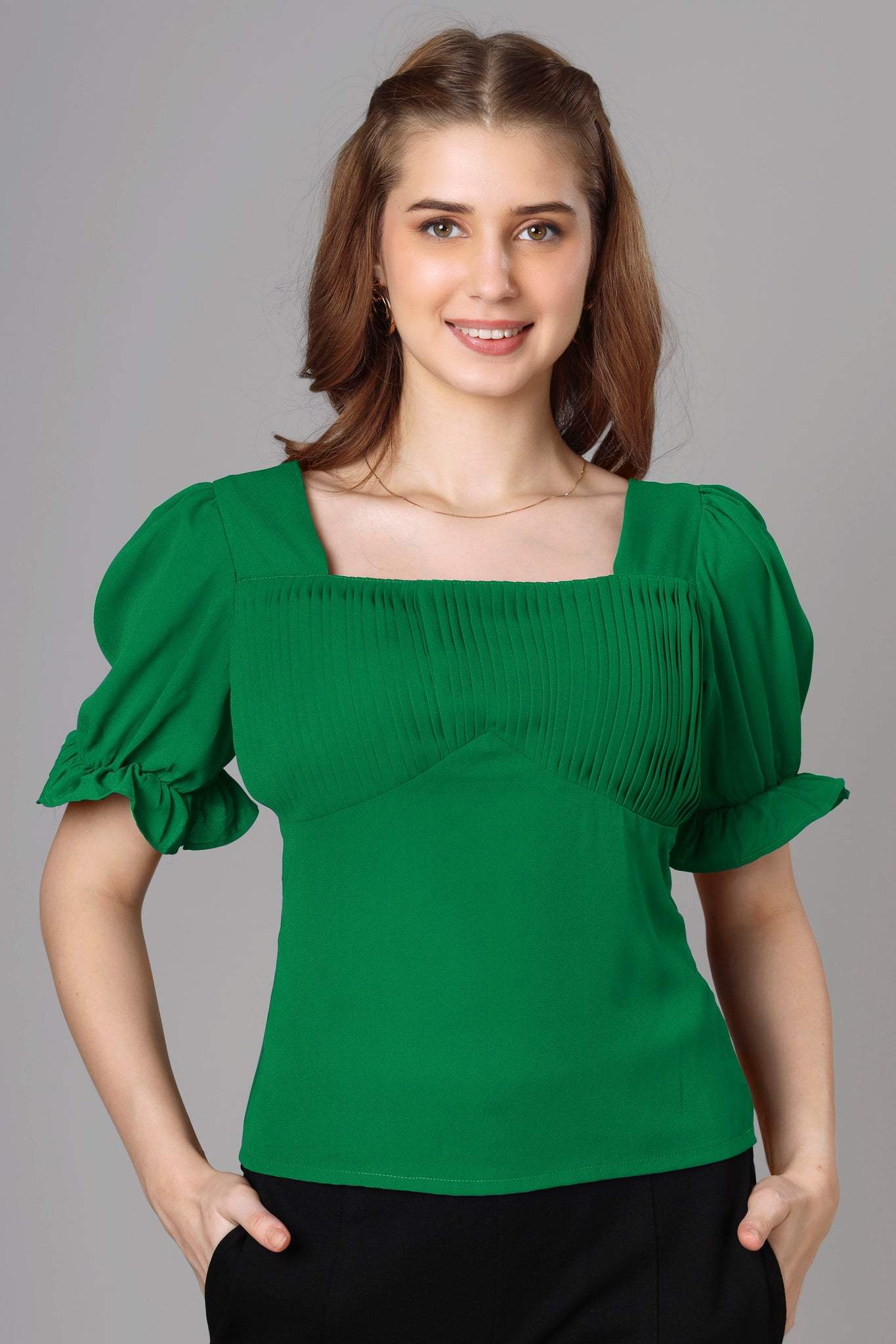 Classic Green Half Pleated Top For Women