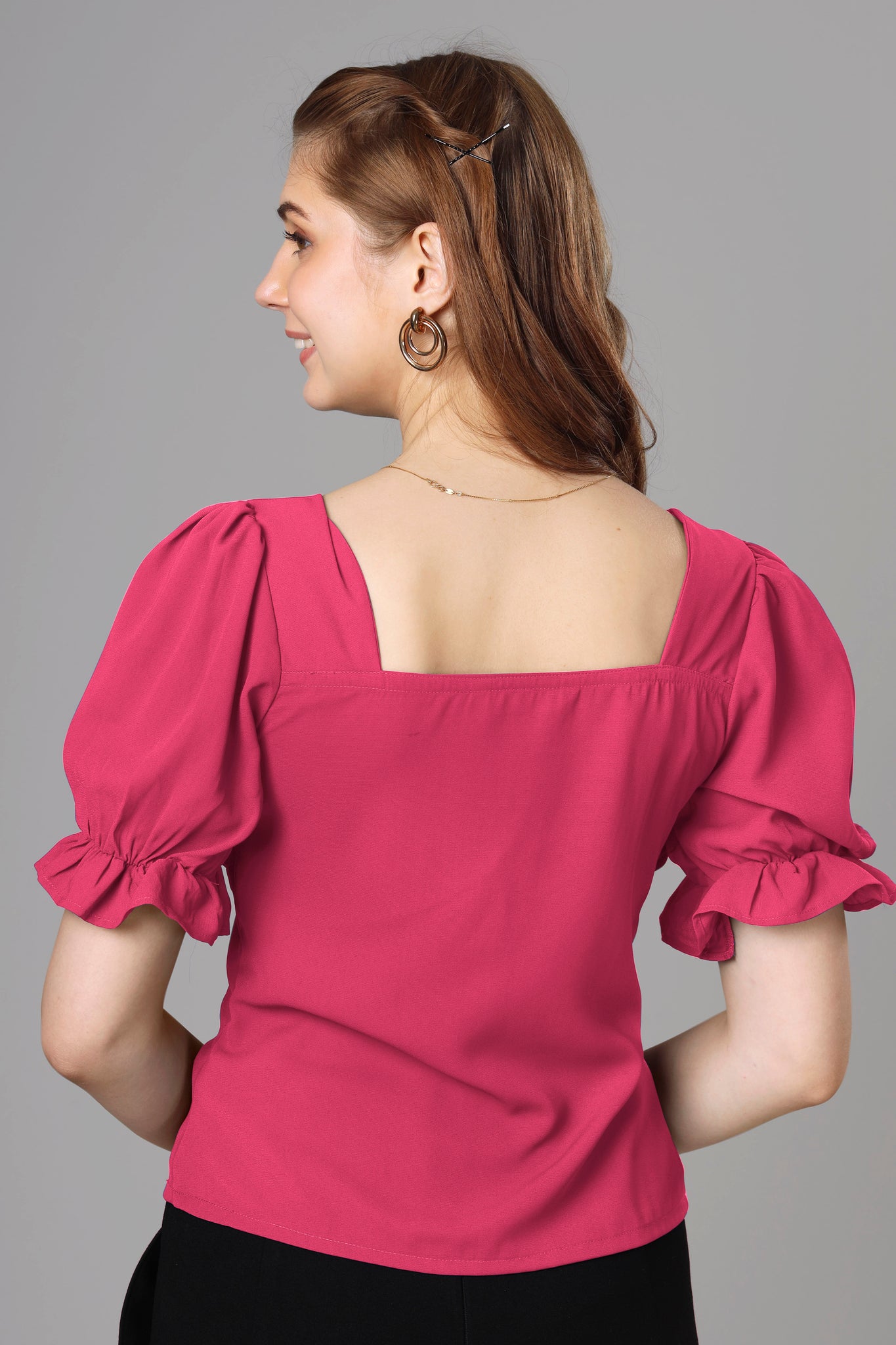 Classic Hot Pink Half Pleated Top For Women