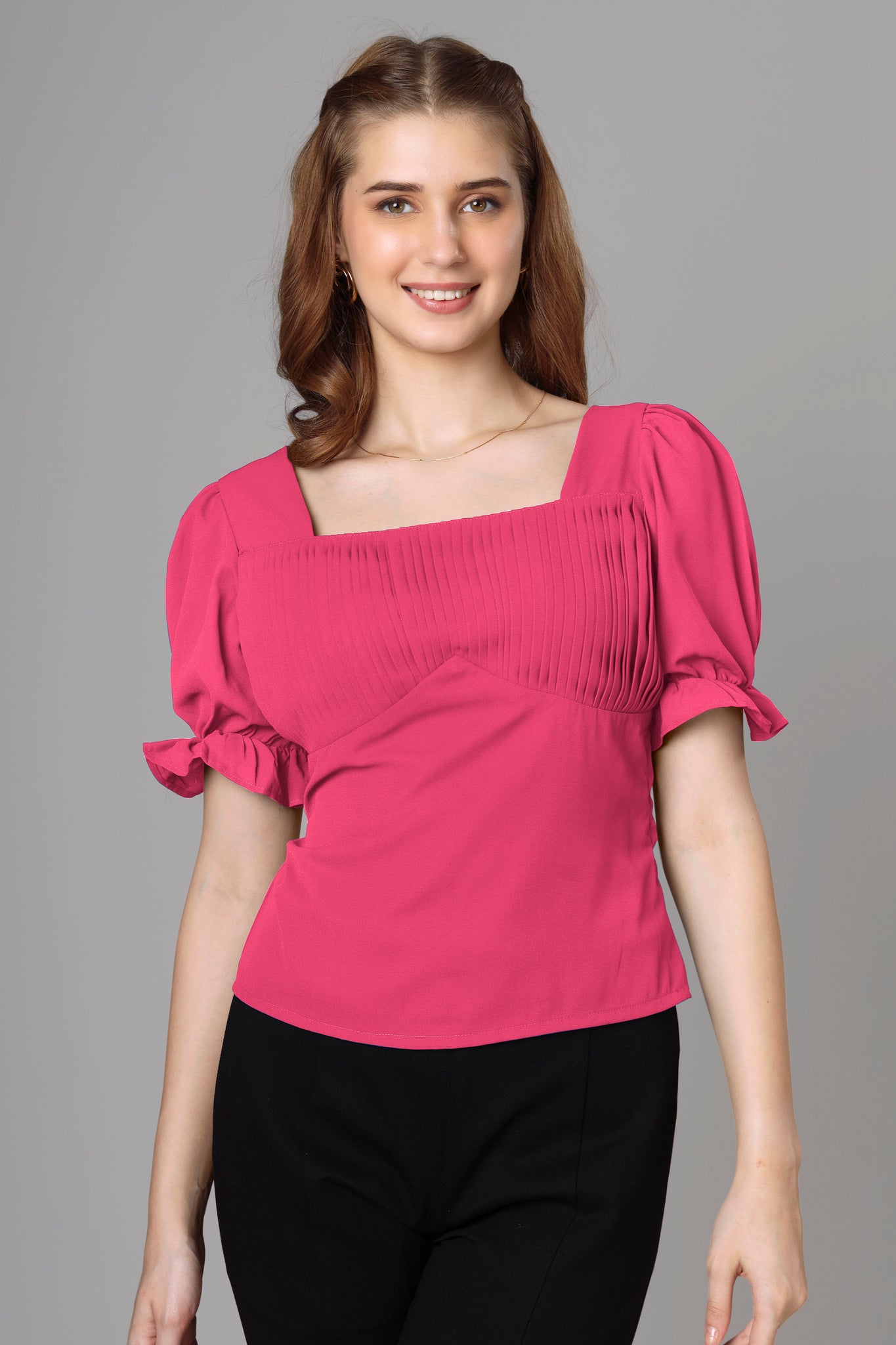 Classic Hot Pink Half Pleated Top For Women