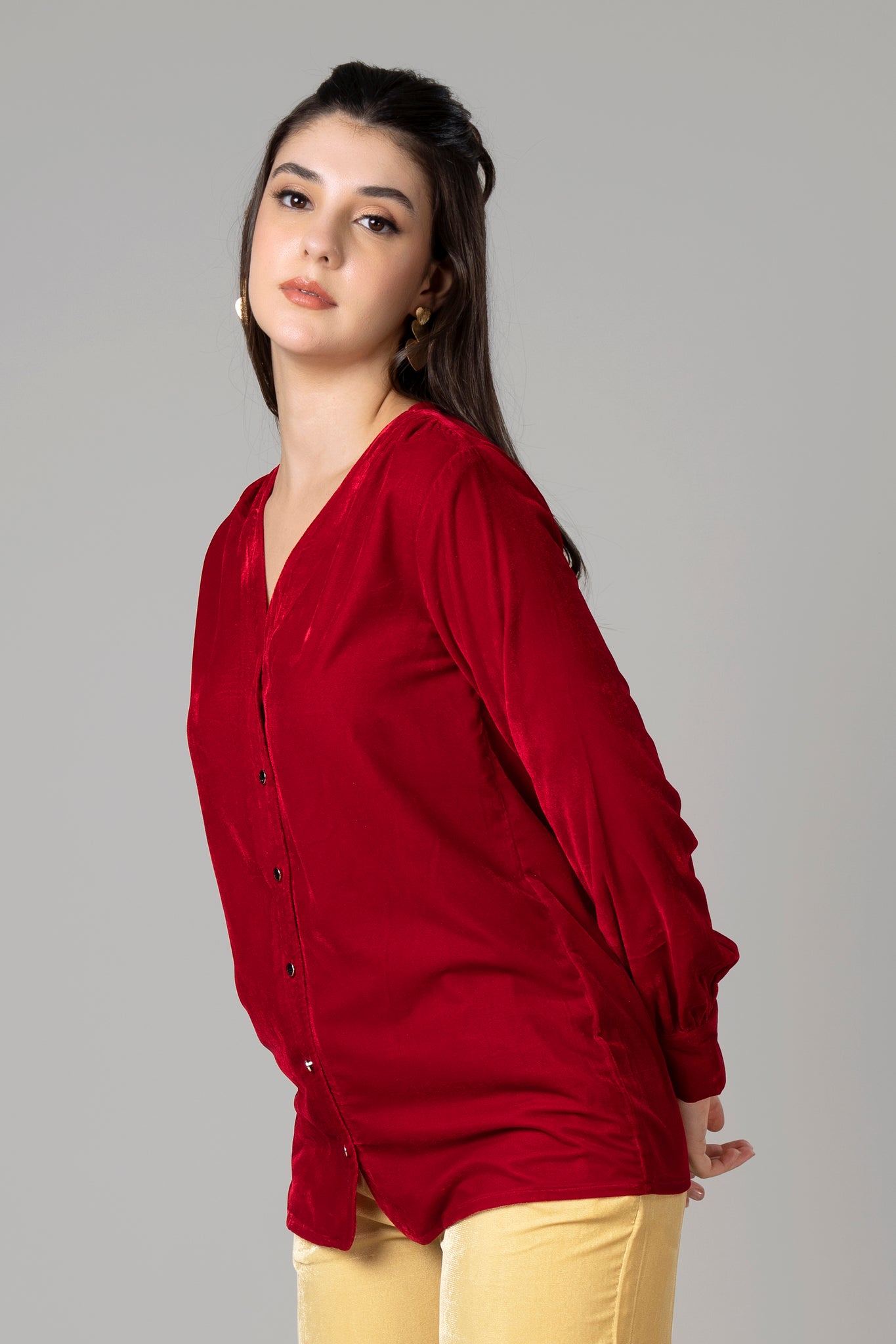 Women Casual Red Velvet V neck Shirt