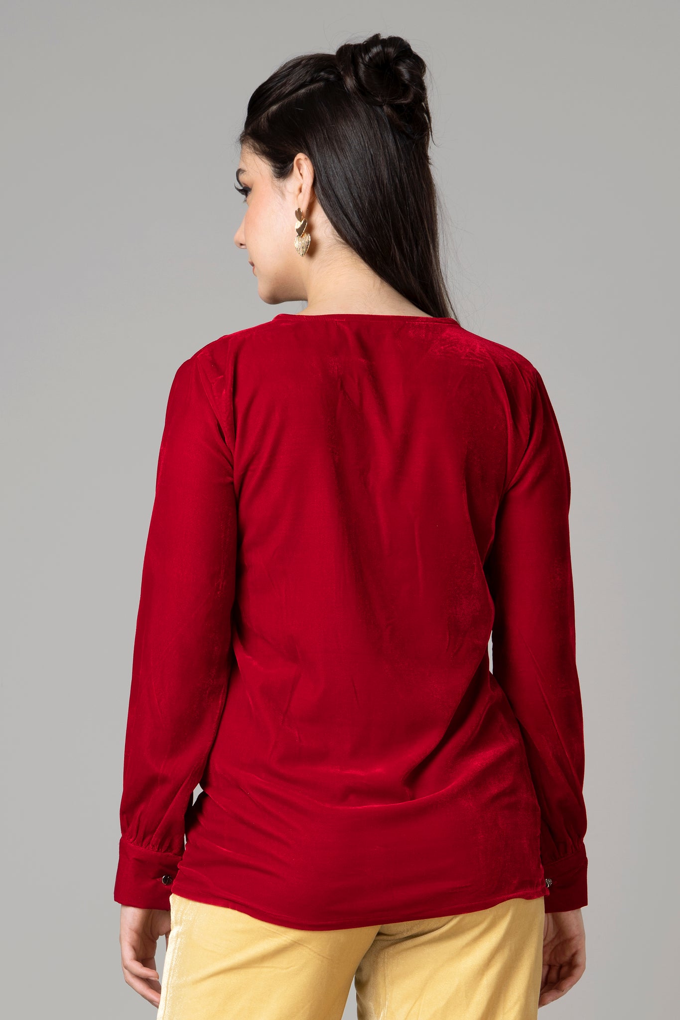 Women Casual Red Velvet V neck Shirt