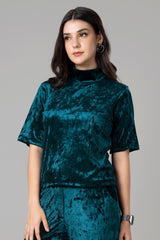 Womens Trendy High Neck Blue Velvet Top