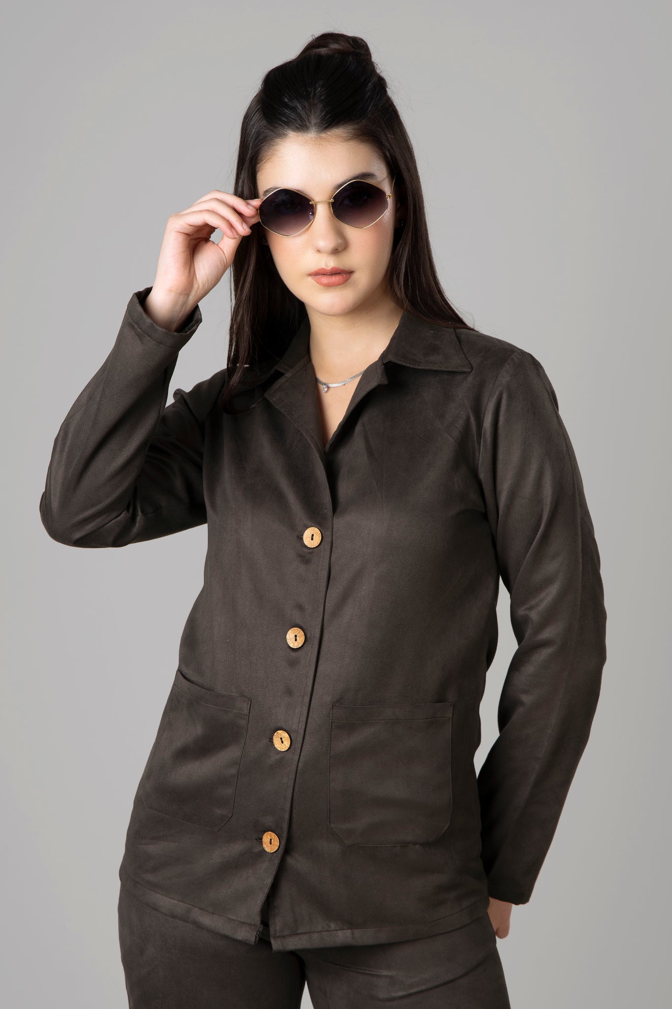 Womens Luxe Brown Suede Shirt
