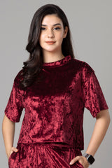 Womens Trendy High Neck Red Velvet Top