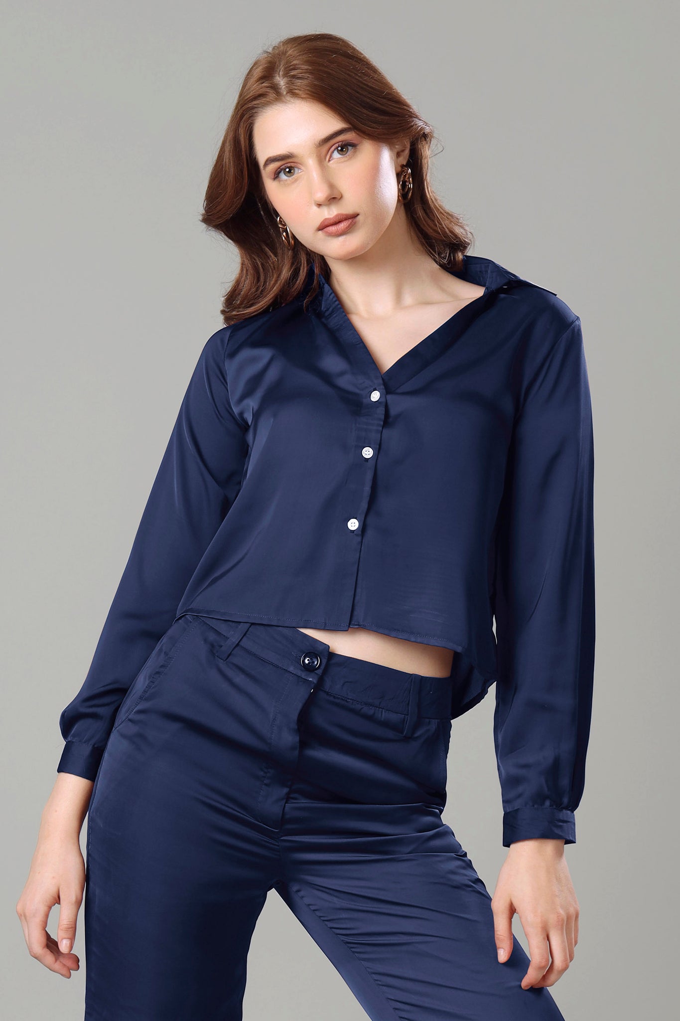 Luxurious Navy Blue Cropped Shirt For Women